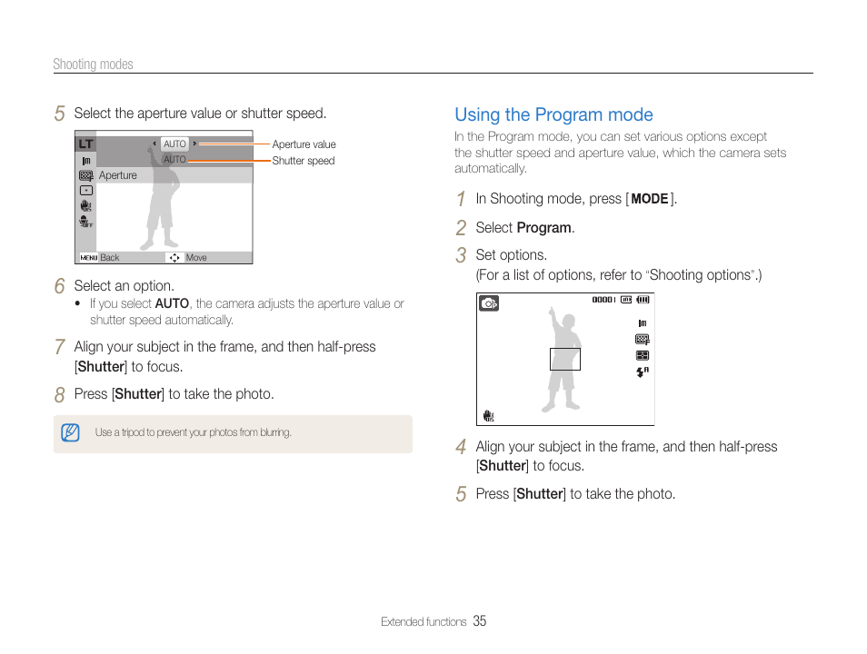 Using the program mode, Using the program mode …………………………… 35 | Samsung EC-PL210ZBPUUS User Manual | Page 36 / 115