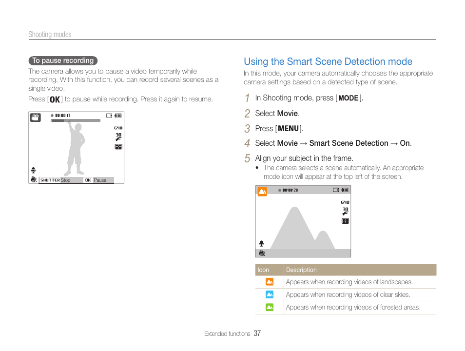 Using the smart scene detection mode, Using the smart scene detection mode …………… 37 | Samsung EC-PL210ZBPUUS User Manual | Page 38 / 115