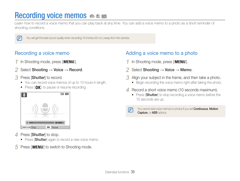 Recording voice memos, Recording a voice memo, Adding a voice memo to a photo | Samsung EC-PL210ZBPUUS User Manual | Page 40 / 115