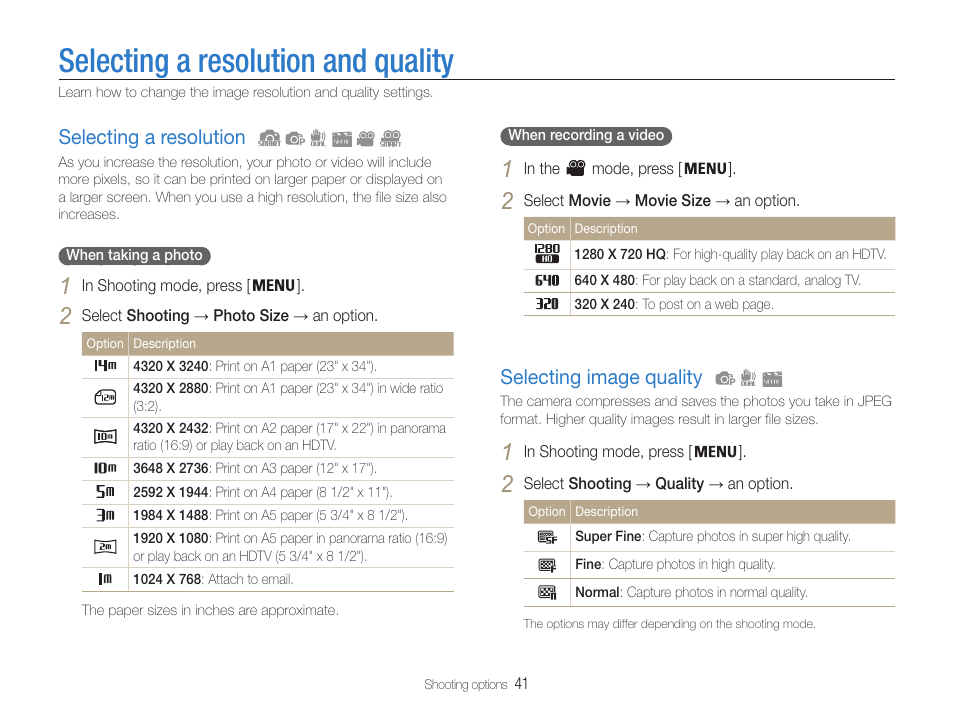 Selecting a resolution and quality, Selecting a resolution, Selecting image quality | Samsung EC-PL210ZBPUUS User Manual | Page 42 / 115