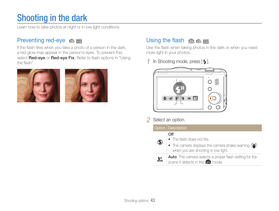 Shooting in the dark, Preventing red-eye, Using the flash | Samsung EC-PL210ZBPUUS User Manual | Page 44 / 115