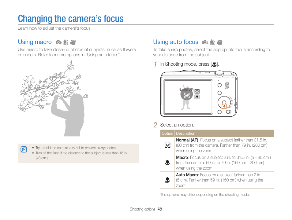 Changing the camera’s focus, Using macro, Using auto focus | Samsung EC-PL210ZBPUUS User Manual | Page 46 / 115