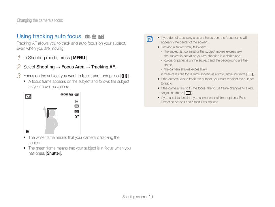 Using tracking auto focus, Using tracking auto focus ………………… 46 | Samsung EC-PL210ZBPUUS User Manual | Page 47 / 115