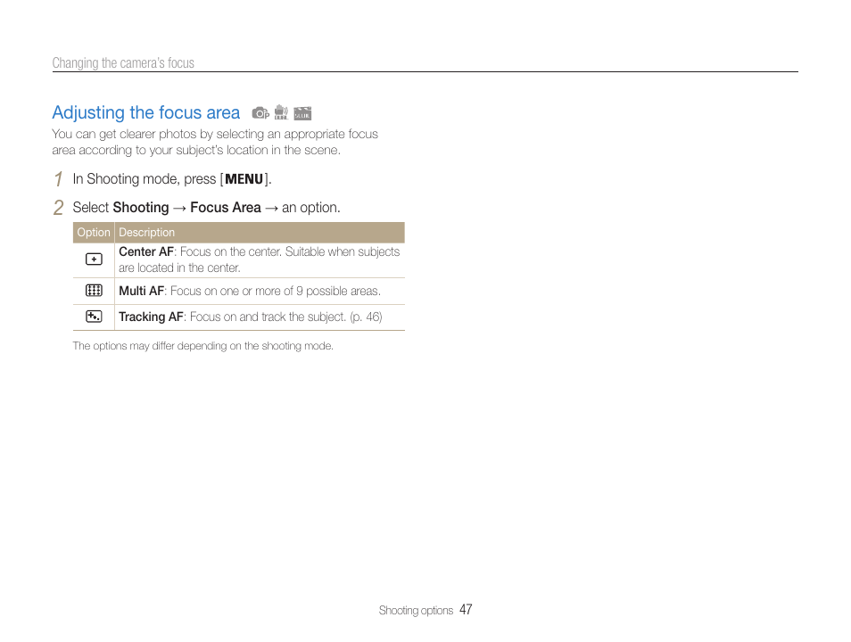 Adjusting the focus area, Adjusting the focus area ………………… 47 | Samsung EC-PL210ZBPUUS User Manual | Page 48 / 115