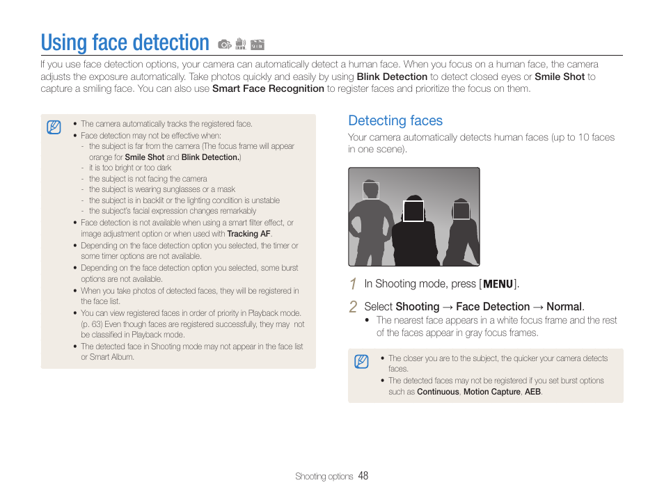 Using face detection, Detecting faces, Detecting faces …………………………… 48 | Samsung EC-PL210ZBPUUS User Manual | Page 49 / 115
