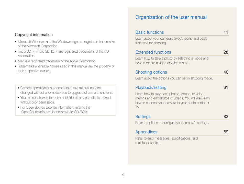 Organization of the user manual | Samsung EC-PL210ZBPUUS User Manual | Page 5 / 115