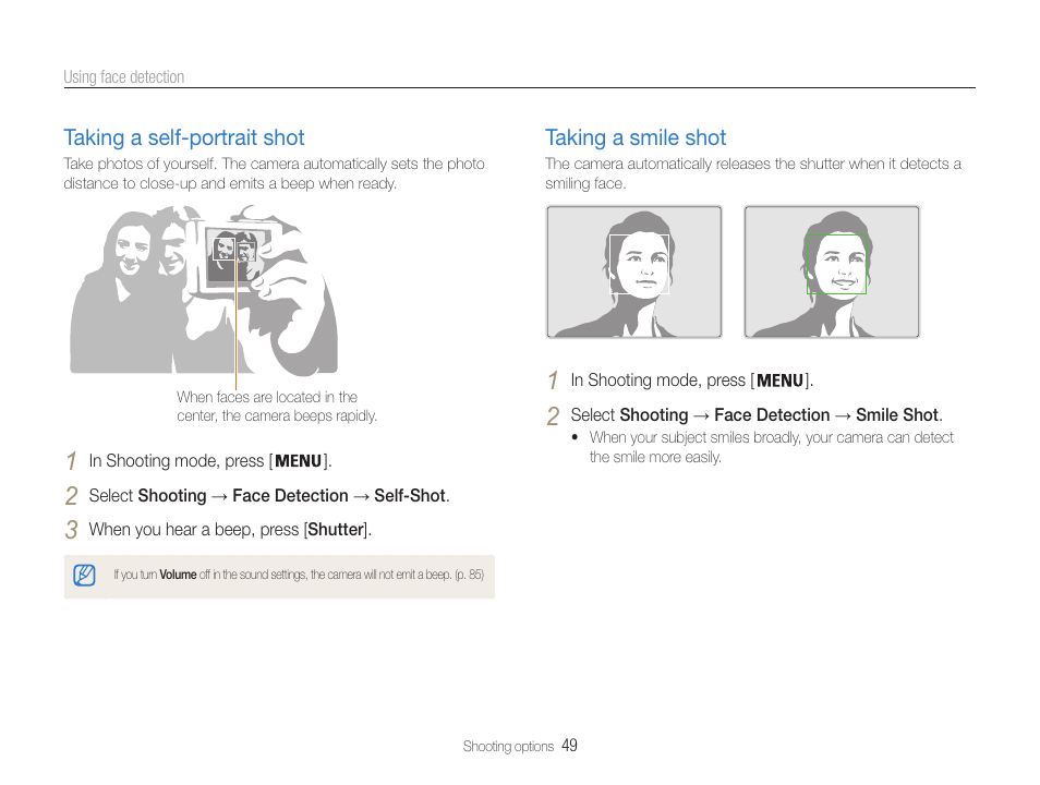 Taking a self-portrait shot, Taking a smile shot | Samsung EC-PL210ZBPUUS User Manual | Page 50 / 115