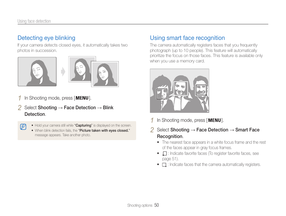 Detecting eye blinking, Using smart face recognition | Samsung EC-PL210ZBPUUS User Manual | Page 51 / 115