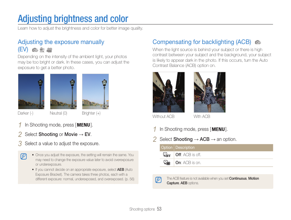 Adjusting brightness and color, Adjusting the exposure manually (ev), Compensating for backlighting (acb) | Samsung EC-PL210ZBPUUS User Manual | Page 54 / 115