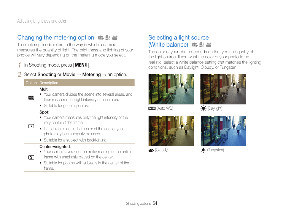 Changing the metering option, Selecting a light source (white balance) | Samsung EC-PL210ZBPUUS User Manual | Page 55 / 115