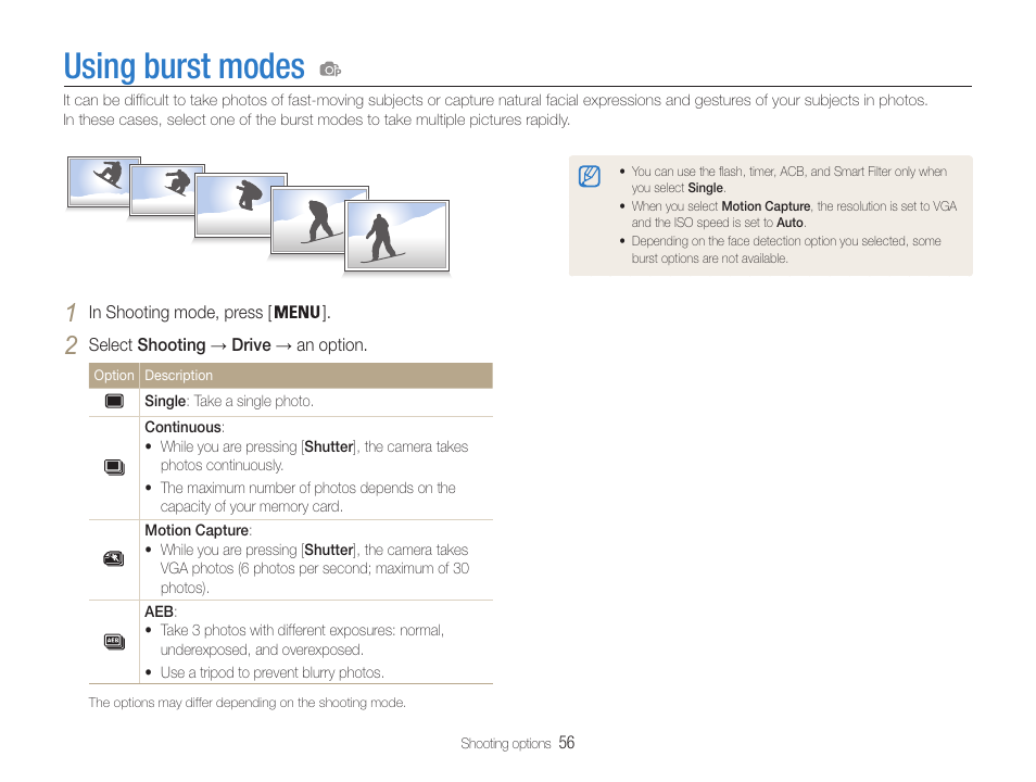 Using burst modes | Samsung EC-PL210ZBPUUS User Manual | Page 57 / 115