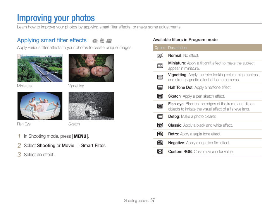 Improving your photos, Applying smart filter effects, Applying smart filter effects ……………… 57 | Samsung EC-PL210ZBPUUS User Manual | Page 58 / 115