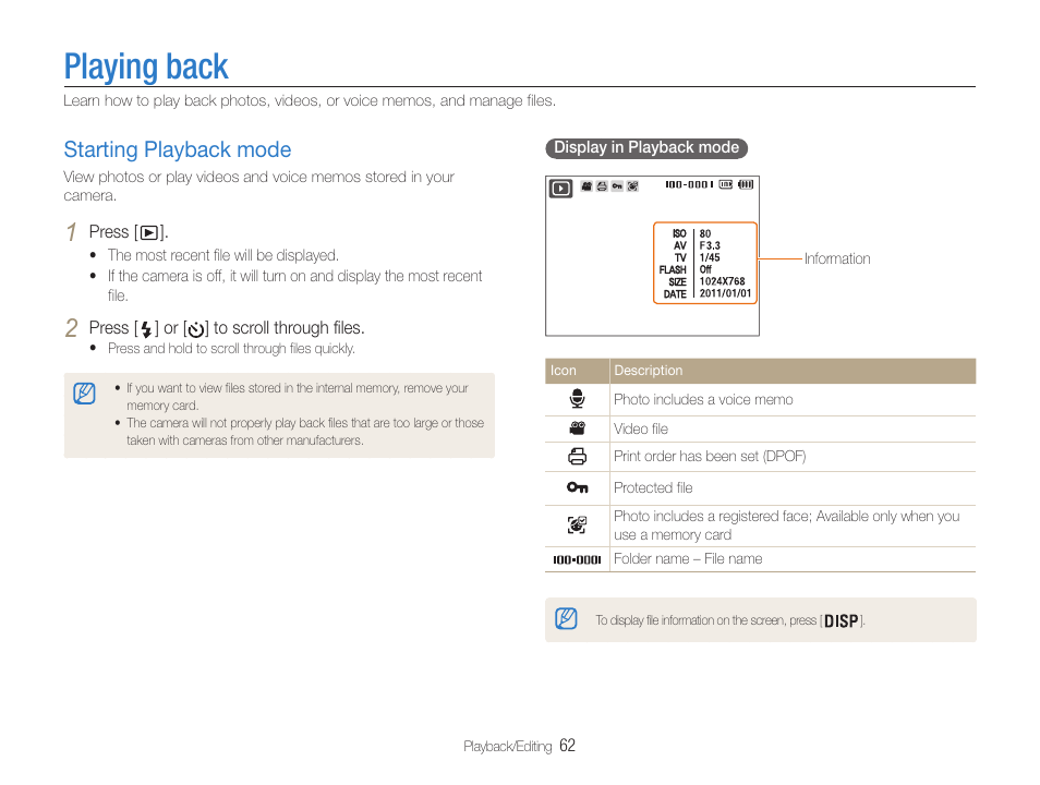 Playing back, Starting playback mode, Starting playback mode ………………… 62 | Samsung EC-PL210ZBPUUS User Manual | Page 63 / 115