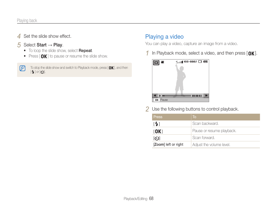 Playing a video, Playing a video …………………………… 68 | Samsung EC-PL210ZBPUUS User Manual | Page 69 / 115