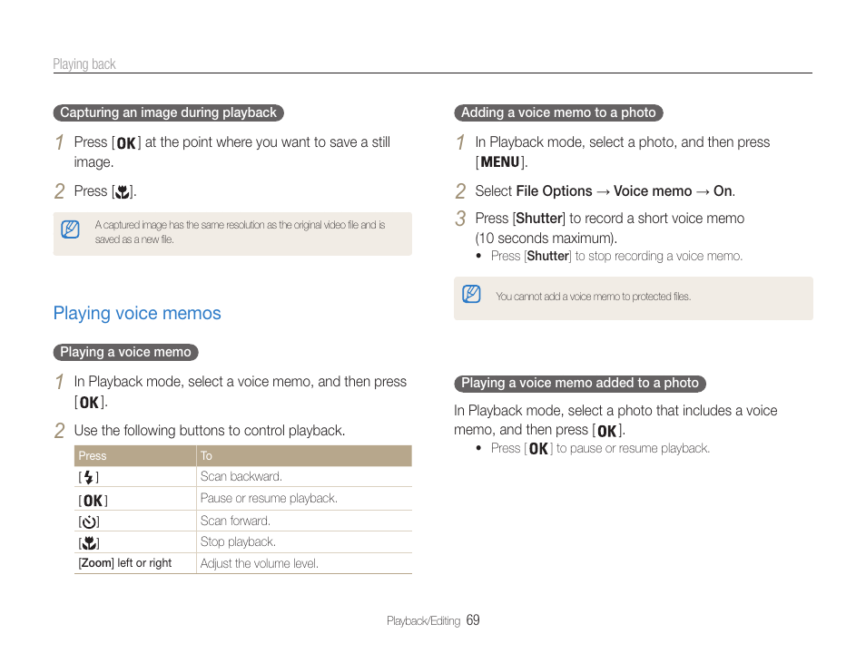 Playing voice memos, Playing voice memos …………………… 69 | Samsung EC-PL210ZBPUUS User Manual | Page 70 / 115