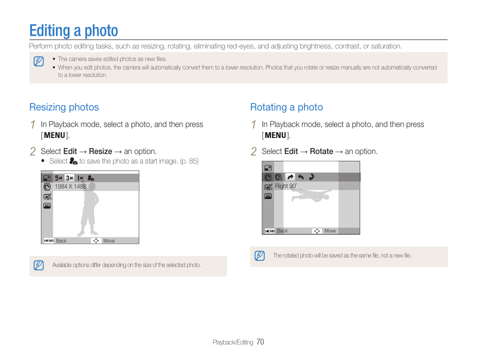 Editing a photo, Resizing photos, Rotating a photo | Samsung EC-PL210ZBPUUS User Manual | Page 71 / 115