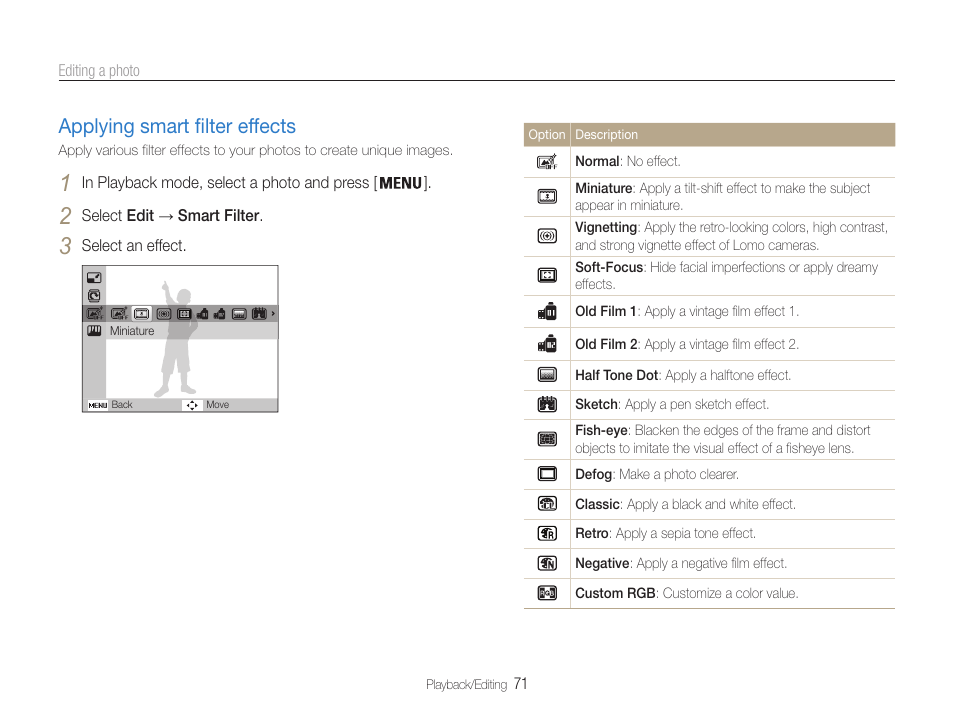 Applying smart filter effects, Applying smart filter effects ……………… 71 | Samsung EC-PL210ZBPUUS User Manual | Page 72 / 115