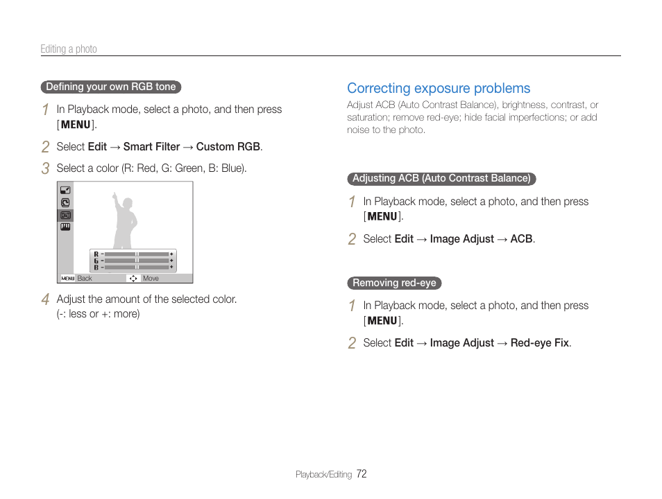 Correcting exposure problems, Correcting exposure problems …………… 72 | Samsung EC-PL210ZBPUUS User Manual | Page 73 / 115