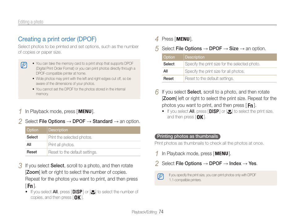 Creating a print order (dpof), Creating a print order (dpof) …………… 74 | Samsung EC-PL210ZBPUUS User Manual | Page 75 / 115