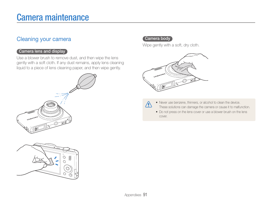 Camera maintenance, Cleaning your camera, Cleaning your camera ……………………………… 91 | Samsung EC-PL210ZBPUUS User Manual | Page 92 / 115