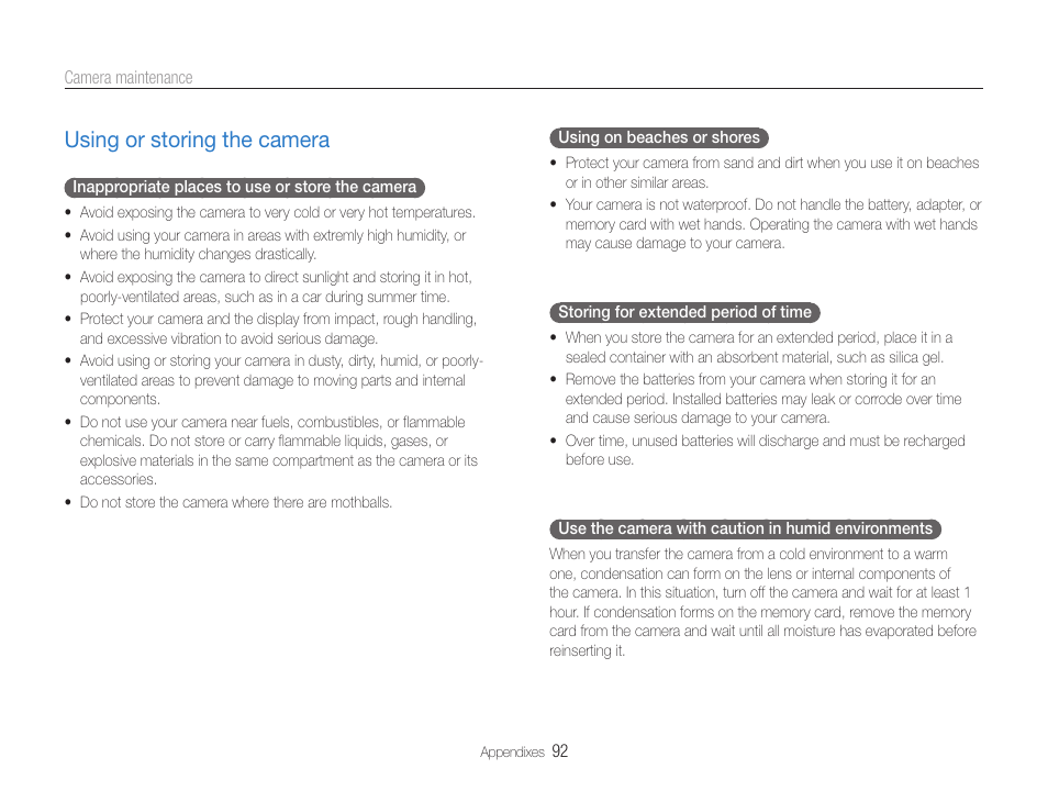 Using or storing the camera, Using or storing the camera ………………………… 92 | Samsung EC-PL210ZBPUUS User Manual | Page 93 / 115