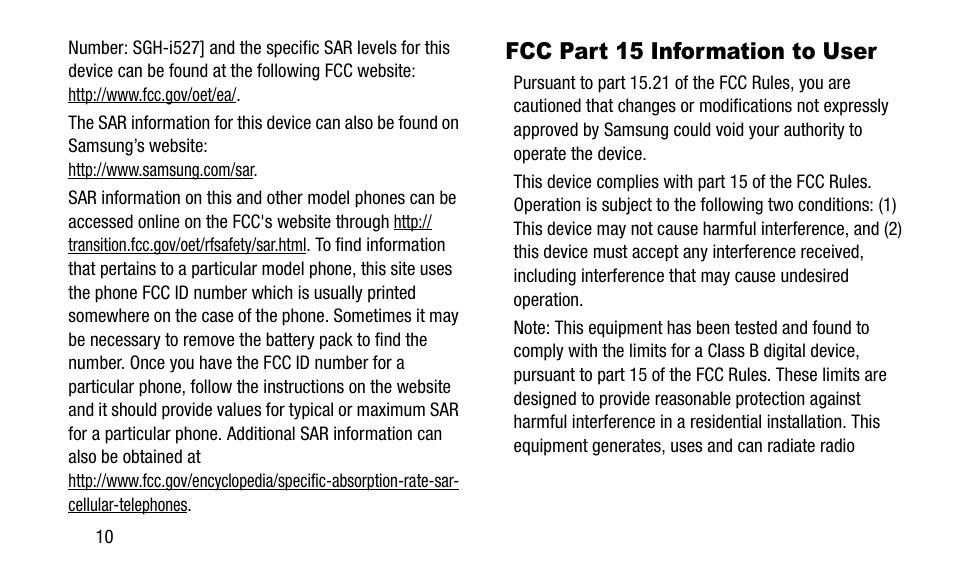 Fcc part 15 information to user | Samsung SGH-I527ZKBATT User Manual | Page 16 / 58