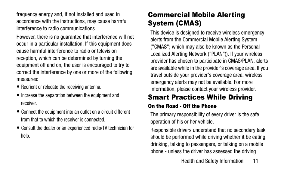 Commercial mobile alerting system (cmas), Smart practices while driving | Samsung SGH-I527ZKBATT User Manual | Page 17 / 58