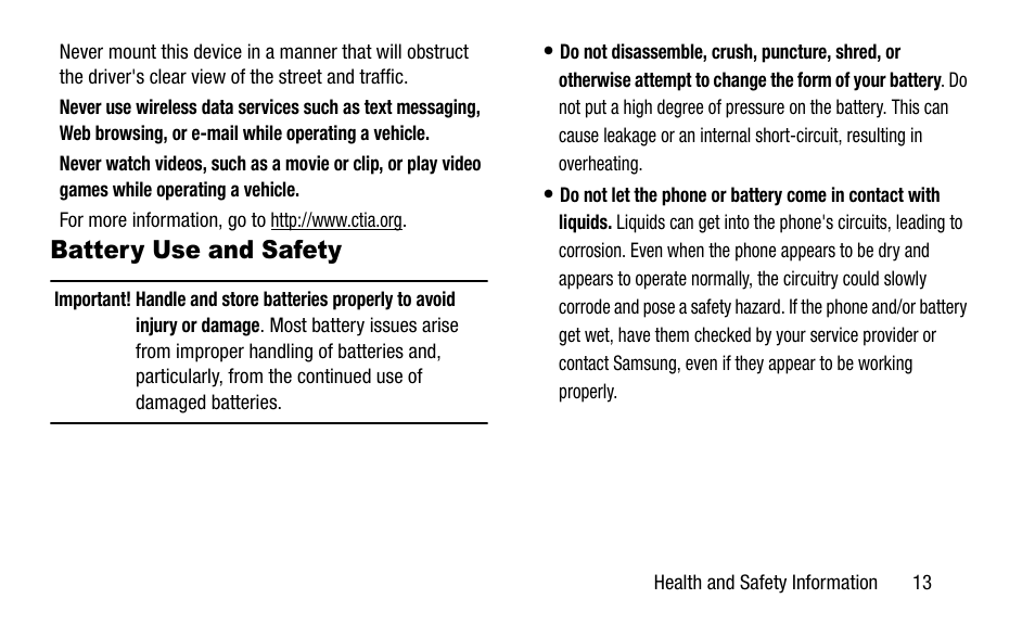 Battery use and safety | Samsung SGH-I527ZKBATT User Manual | Page 19 / 58