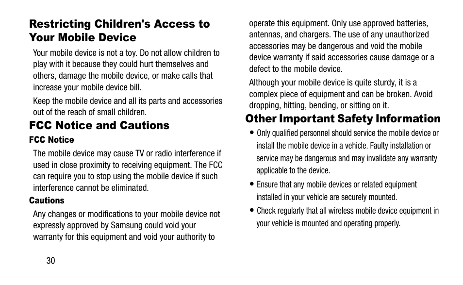 Fcc notice and cautions, Other important safety information, Restricting children's access to your | Mobile device | Samsung SGH-I527ZKBATT User Manual | Page 36 / 58