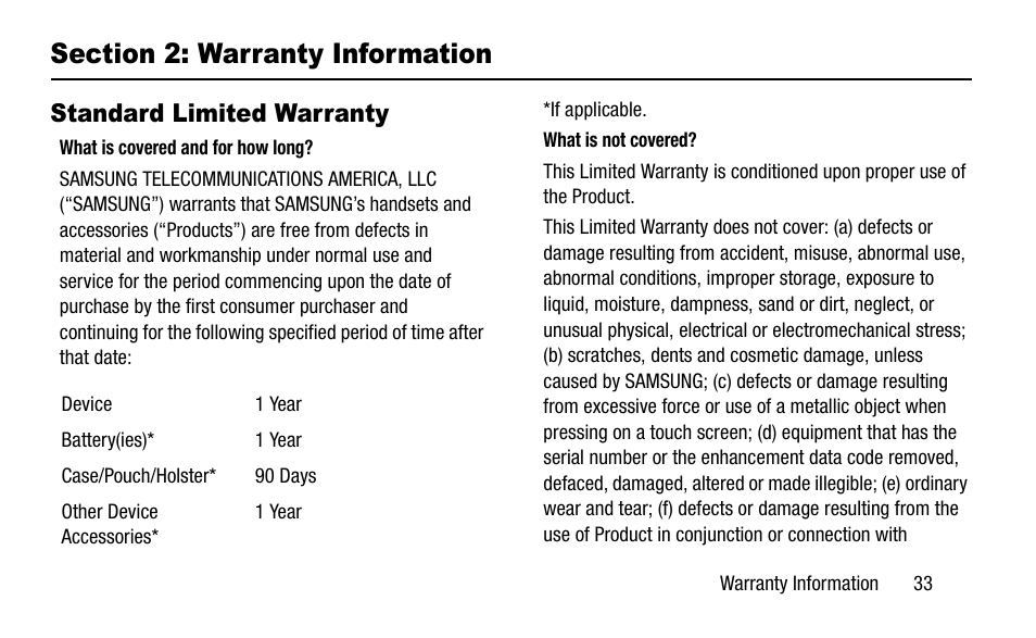 Section 2: warranty information, Standard limited warranty | Samsung SGH-I527ZKBATT User Manual | Page 39 / 58