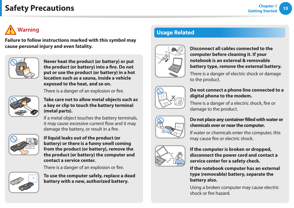 Safety precautions, Usage related, Warning | Samsung NP270E5G-K02US User Manual | Page 11 / 129