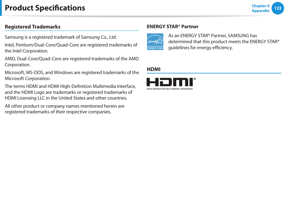 Product specifications | Samsung NP270E5G-K02US User Manual | Page 124 / 129