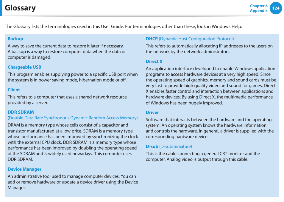 Glossary | Samsung NP270E5G-K02US User Manual | Page 125 / 129