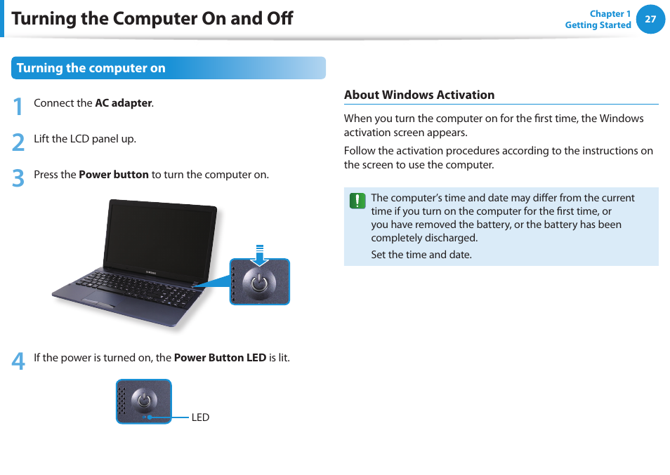 Turning the computer on and off | Samsung NP270E5G-K02US User Manual | Page 28 / 129