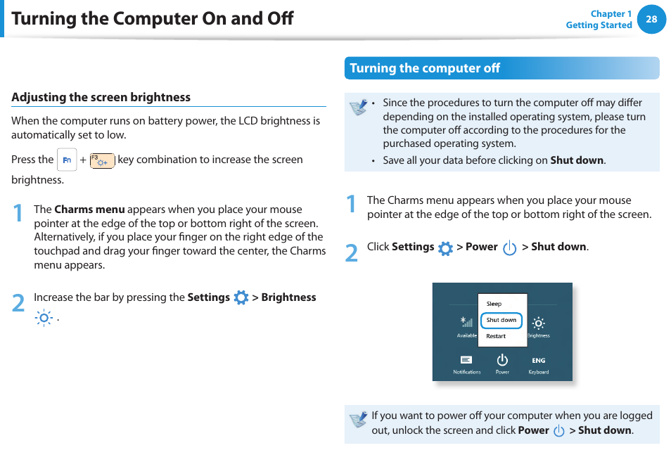 Turning the computer on and off | Samsung NP270E5G-K02US User Manual | Page 29 / 129