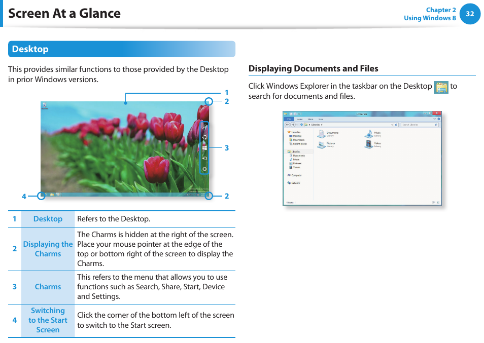 Screen at a glance, Desktop | Samsung NP270E5G-K02US User Manual | Page 33 / 129