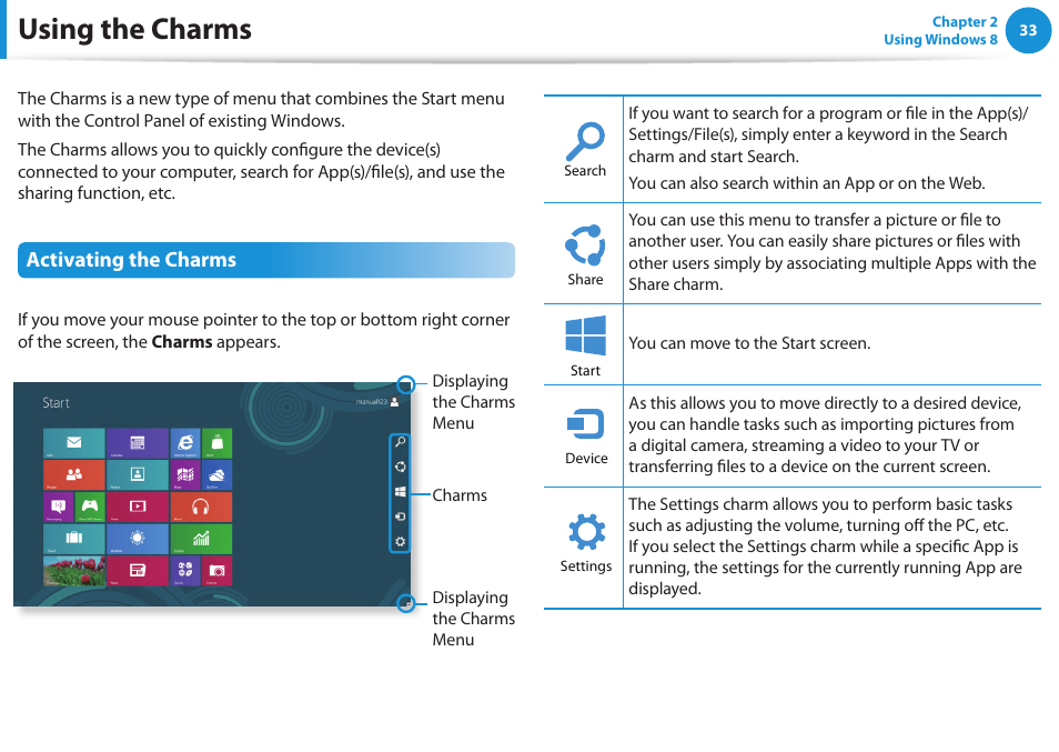 Using the charms, Activating the charms | Samsung NP270E5G-K02US User Manual | Page 34 / 129