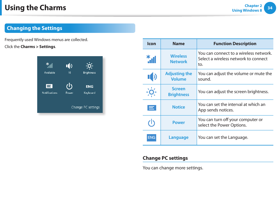 Using the charms, Changing the settings | Samsung NP270E5G-K02US User Manual | Page 35 / 129