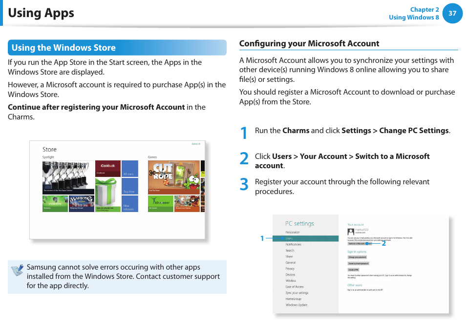 Using apps | Samsung NP270E5G-K02US User Manual | Page 38 / 129