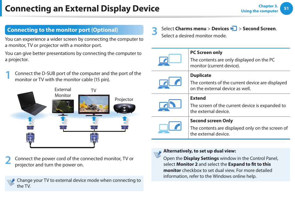 Connecting an external display device, Connecting to the monitor port (optional) | Samsung NP270E5G-K02US User Manual | Page 52 / 129