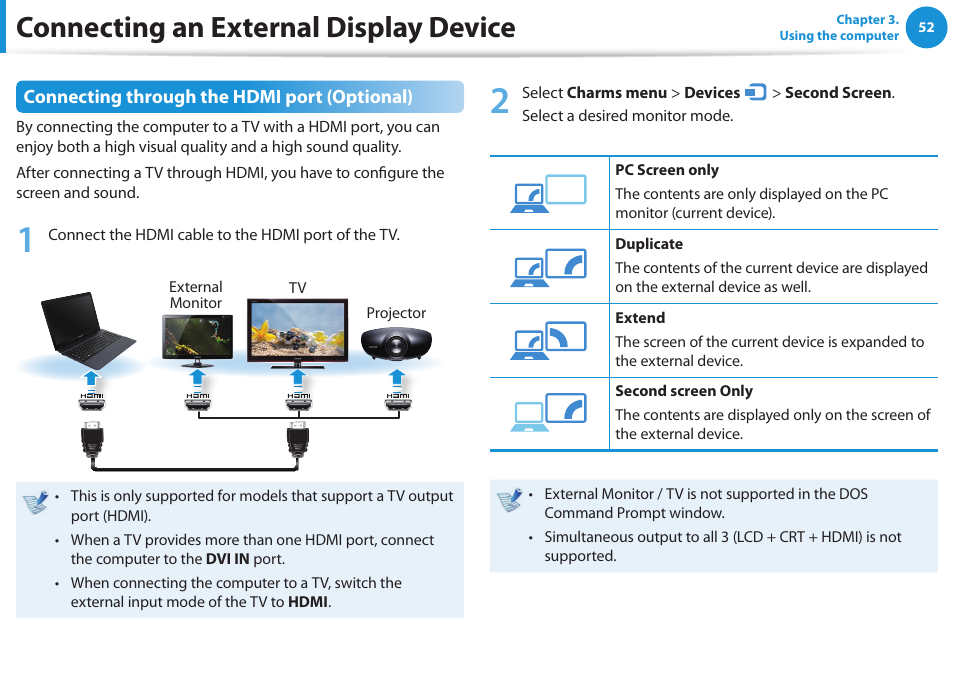 Connecting an external display device, Connecting through the hdmi port (optional) | Samsung NP270E5G-K02US User Manual | Page 53 / 129