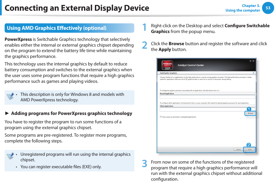 Connecting an external display device | Samsung NP270E5G-K02US User Manual | Page 54 / 129