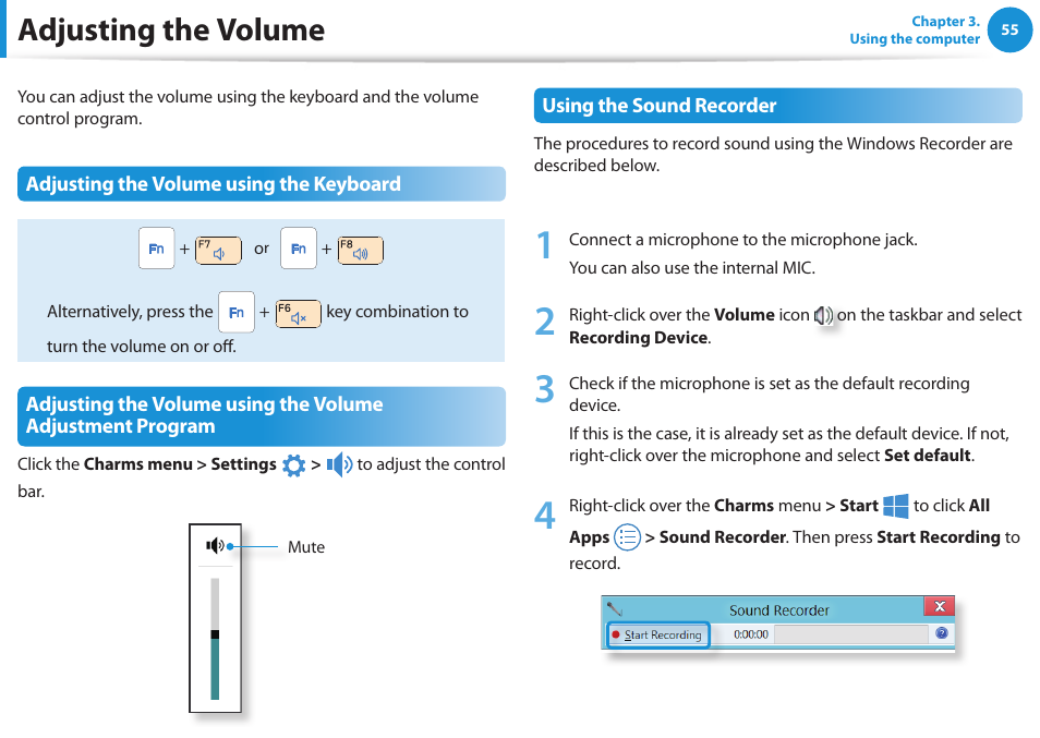 Adjusting the volume | Samsung NP270E5G-K02US User Manual | Page 56 / 129