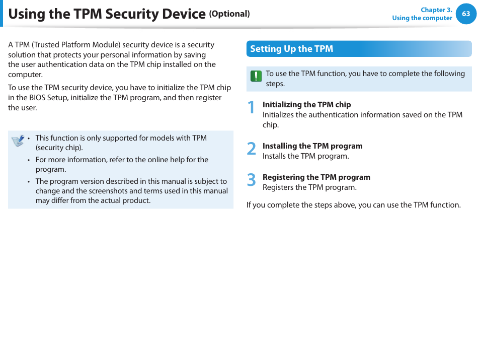 Using the tpm security device (optional), Using the tpm security device | Samsung NP270E5G-K02US User Manual | Page 64 / 129