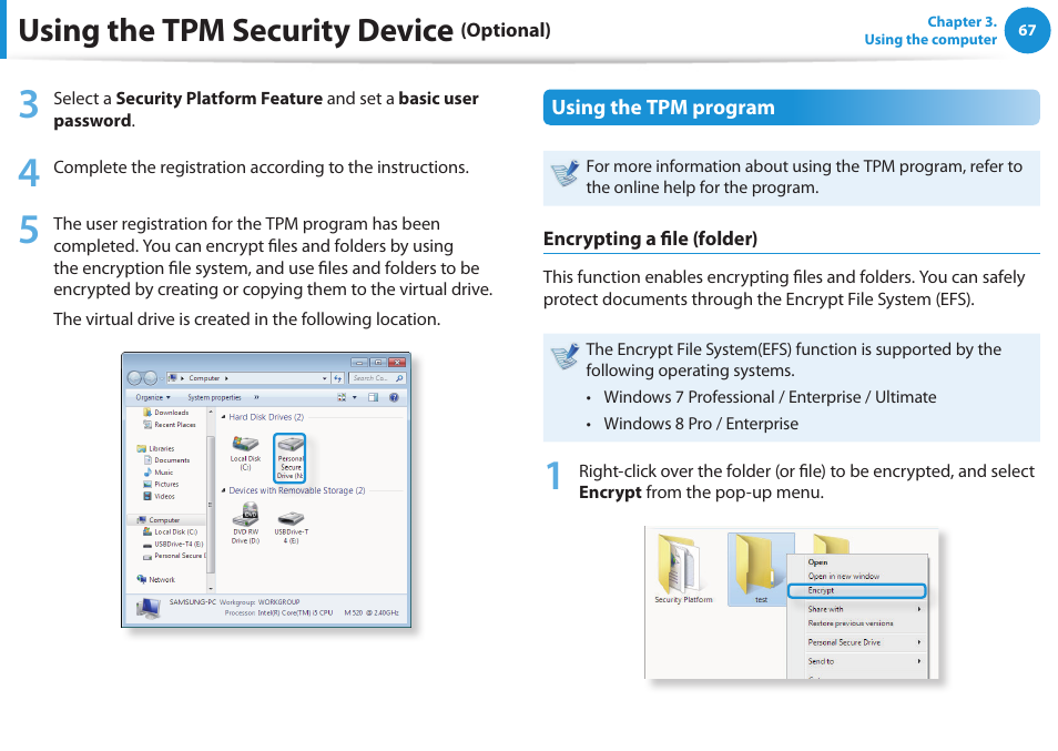 Using the tpm security device | Samsung NP270E5G-K02US User Manual | Page 68 / 129