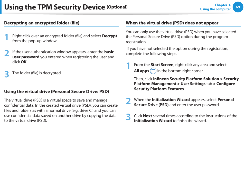 Using the tpm security device | Samsung NP270E5G-K02US User Manual | Page 70 / 129