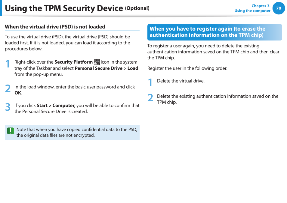 Using the tpm security device | Samsung NP270E5G-K02US User Manual | Page 71 / 129