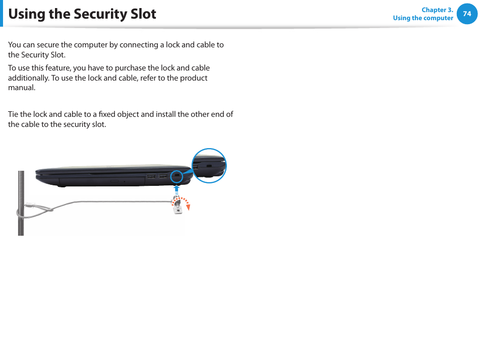 Using the security slot | Samsung NP270E5G-K02US User Manual | Page 75 / 129