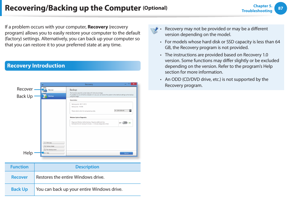 Recovering/backing up the computer (optional), Recovering/backing up the computer (optional) 87, Recovering/backing up the computer | Samsung NP270E5G-K02US User Manual | Page 88 / 129