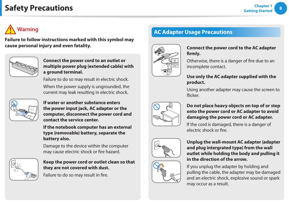 Safety precautions, Ac adapter usage precautions, Warning | Samsung NP270E5G-K02US User Manual | Page 9 / 129